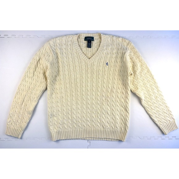 Lauren Ralph Lauren Sweaters - Vtg LAUREN RALPH LAUREN Sweater Womens Cable Knit Tennis-Sz M Butter Yellow